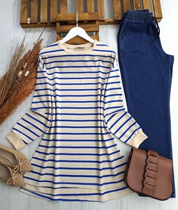 BAHİ RENKLİ ÇİZGİLİ SALAŞ TUNİK C2-5400-14-SAKS - 