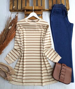 BAHİ RENKLİ ÇİZGİLİ SALAŞ TUNİK C2-5400-48-BİSKÜVİ - 