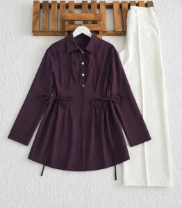 BAJED YANDAN BAĞCIKLI YARIM DÜĞMELİ TUNİK A5-4-5711-18-MÜRDÜM - 