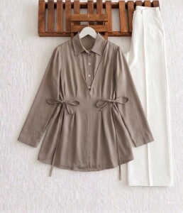 BAJED YANDAN BAĞCIKLI YARIM DÜĞMELİ TUNİK A5-4-5711-25-VİZON - 