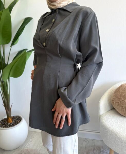 BAJED YANDAN BAĞCIKLI YARIM DÜĞMELİ TUNİK A5-4-5711-58-FÜME - 2