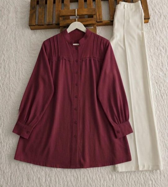 BAKLE ÜST İNCE GÜPÜRLÜ SALAŞ GÖMLEK TUNİK B3-5-5738-04-BORDO - 1