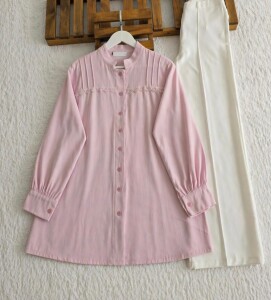 BAKLE ÜST İNCE GÜPÜRLÜ SALAŞ GÖMLEK TUNİK B3-5-5738-05-PUDRA 