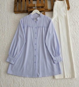 BAKLE ÜST İNCE GÜPÜRLÜ SALAŞ GÖMLEK TUNİK B3-5-5738-10-MAVİ 