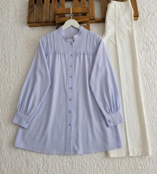 BAKLE ÜST İNCE GÜPÜRLÜ SALAŞ GÖMLEK TUNİK B3-5-5738-10-MAVİ - 1