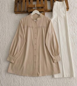 BAKLE ÜST İNCE GÜPÜRLÜ SALAŞ GÖMLEK TUNİK B3-5-5738-34-BEJ - 