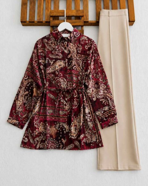 BALHA BELİ İPLİ DESENLİ GÖMLEK TUNİK A4-5-5760-04-BORDO