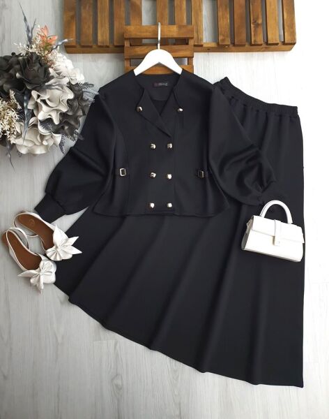 BEKET ÖN ÇİFT SIRA DÜĞMELİ KIVRIK YAKA ETEKLİ TAKIM A4-5-1698-01-SİYAH - 1