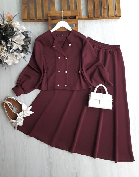BEKET ÖN ÇİFT SIRA DÜĞMELİ KIVRIK YAKA ETEKLİ TAKIM A4-5-1698-04-BORDO - 1