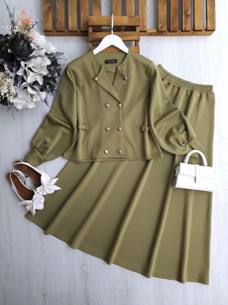 BEKET ÖN ÇİFT SIRA DÜĞMELİ KIVRIK YAKA ETEKLİ TAKIM A4-5-1698-07-YEŞİL - 1