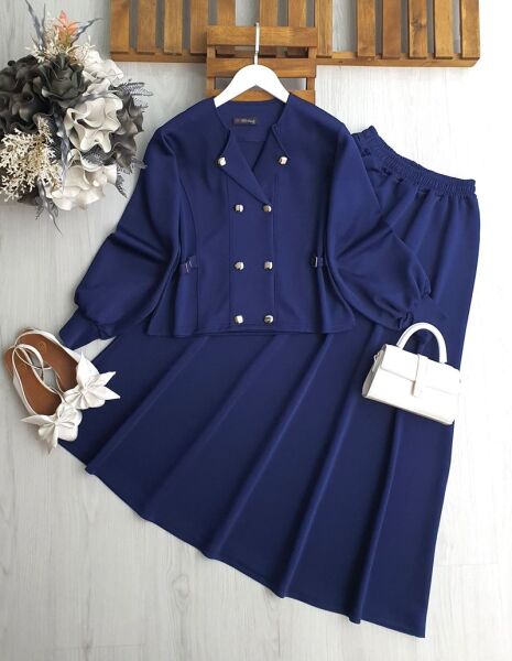 BEKET ÖN ÇİFT SIRA DÜĞMELİ KIVRIK YAKA ETEKLİ TAKIM A4-5-1698-12-LACİVERT - 1