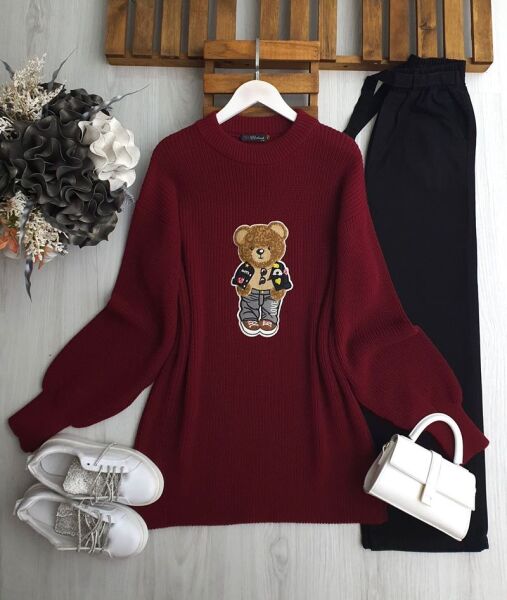 BELGES ÖNÜ AYICIKLI TRİKO TUNİK B3-1-8137-04-BORDO - 1