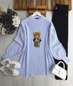 BELGES ÖNÜ AYICIKLI TRİKO TUNİK 8137-10-MAVİ - 