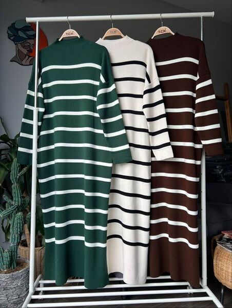 BELNA ÇİZGİLİ YIRTMAÇLI TRİKO ELBİSE A9-1-8078-34-BEJ - 1