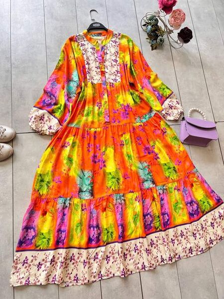 BELNA PATLI DESENLİ YARIM DÜĞMELİ SALAŞ ELBİSE A10-5-2316-15-ORANJ - 2