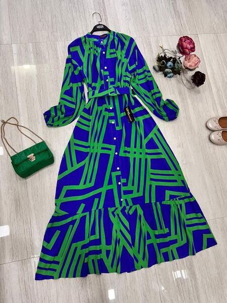 BERA KEMERLİ DESENLİ ÖNÜ DÜĞMELİ ELBİSE A9-4-2308-07-YEŞİL - 1