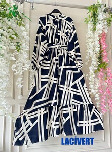 BERA KEMERLİ DESENLİ ÖNÜ DÜĞMELİ ELBİSE A7-1-2308-12-LACİVERT - 