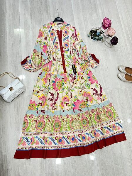 BEYZ DESENLİ YARIM DÜĞMELİ HAKİM YAKA SALAŞ ELBİSE D6-2274-04-BORDO - 1