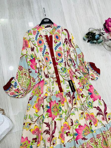 BEYZ DESENLİ YARIM DÜĞMELİ HAKİM YAKA SALAŞ ELBİSE D6-2274-04-BORDO - 2