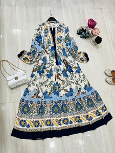 BEYZ DESENLİ YARIM DÜĞMELİ HAKİM YAKA SALAŞ ELBİSE A10-1-2274-12-LACİVERT - 2