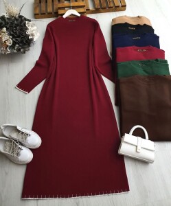 BİDED KOL VE ETEK UCU BEYAZ DOKUMA TRİKO ELBİSE 8141-04-BORDO - 
