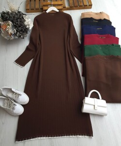 BİDED KOL VE ETEK UCU BEYAZ DOKUMA TRİKO ELBİSE 8141-37-KAHVE - 