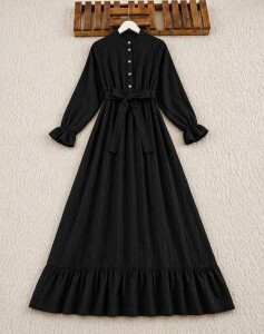 BİGN YARIM DÜĞMELİ BELİ LASTİKLİ KEMERLİ ASTARLI ELBİSE B8-4-2426-01-SİYAH - 