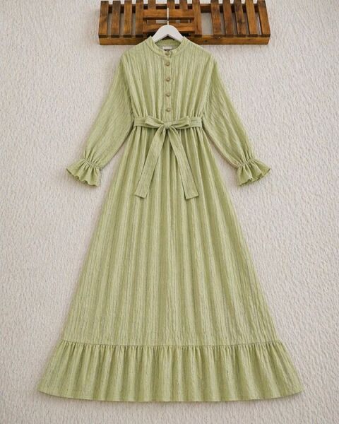 BİGN YARIM DÜĞMELİ BELİ LASTİKLİ KEMERLİ ASTARLI ELBİSE B8-4-2426-08-MİNT - 1