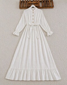 BİGN YARIM DÜĞMELİ BELİ LASTİKLİ KEMERLİ ASTARLI ELBİSE B8-4-2426-20-BEYAZ - 