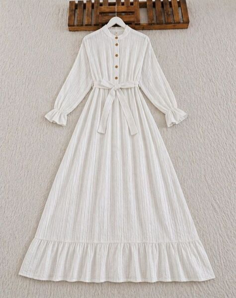 BİGN YARIM DÜĞMELİ BELİ LASTİKLİ KEMERLİ ASTARLI ELBİSE B8-4-2426-20-BEYAZ - 1