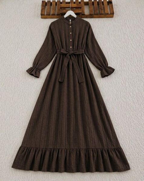 BİGN YARIM DÜĞMELİ BELİ LASTİKLİ KEMERLİ ASTARLI ELBİSE B8-4-2426-37-KAHVE - 1