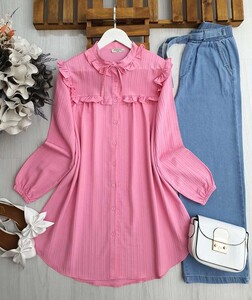 BOGE YAKA BAĞCIKLI FIRFIRLI SALAŞ TUNİK B7-5-5493-47-PEMBE - 