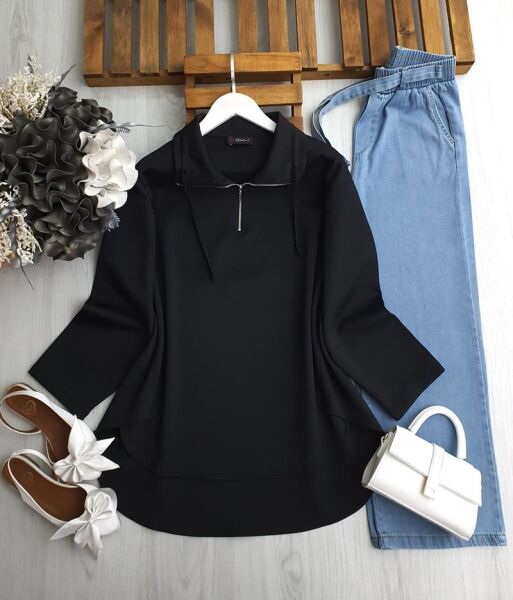 BOLGA BAĞCIKLI FERMUARLI KIVRIK YAKA TUNİK B1-1-5617-01-SİYAH - 1