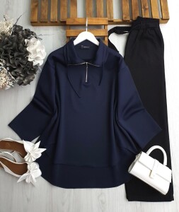 BOLGA BAĞCIKLI FERMUARLI KIVRIK YAKA TUNİK B1-1-5617-12-LACİVERT - 