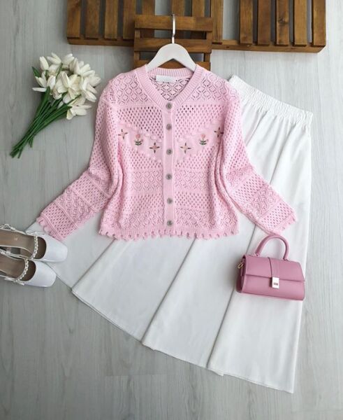 BOLSN ÇİÇEK NAKIŞLI AJURLU DOKUMA HIRKA 8206-05-PUDRA - 1