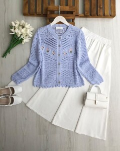 BOLSN ÇİÇEK NAKIŞLI AJURLU DOKUMA HIRKA 8206-10-MAVİ - 1