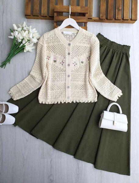 BOLSN ÇİÇEK NAKIŞLI AJURLU DOKUMA HIRKA 8206-34-BEJ - 1