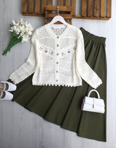 BOLSN ÇİÇEK NAKIŞLI AJURLU DOKUMA HIRKA 8206-50-KEMİK - 1