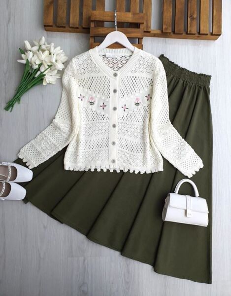 BOLSN ÇİÇEK NAKIŞLI AJURLU DOKUMA HIRKA 8206-50-KEMİK - 1