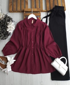 BOMEL BELİ LASTİKLİ DİKİŞLİ GÖMLEK 5568-04-BORDO - 