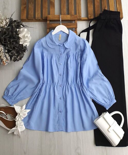 BOMEL BELİ LASTİKLİ DİKİŞLİ GÖMLEK D7- 5568-10-MAVİ - 1