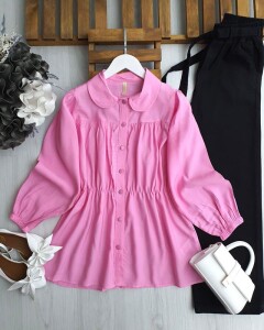 BOMEL BELİ LASTİKLİ DİKİŞLİ GÖMLEK 5568-47-PEMBE - 