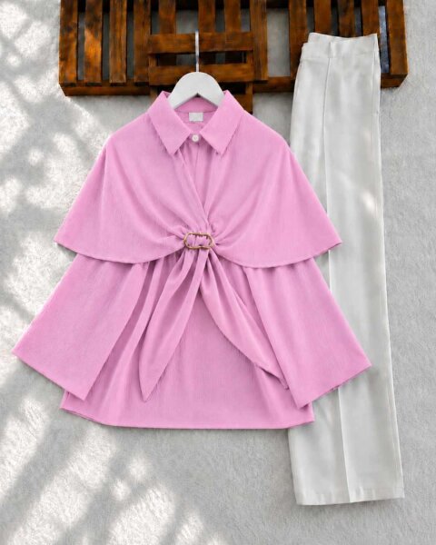 BUDAW TOKALI PELERİNLİ TUNİK 3239-05-PUDRA - 1