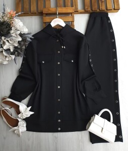 BUHEN KUŞGÖZÜ ŞERİTLİ ÇIT ÇIT DÜĞMELİ İKİLİ TAKIM A4-2-1686-01-SİYAH - 