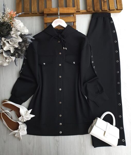 BUHEN KUŞGÖZÜ ŞERİTLİ ÇIT ÇIT DÜĞMELİ İKİLİ TAKIM A4-2-1686-01-SİYAH - 1