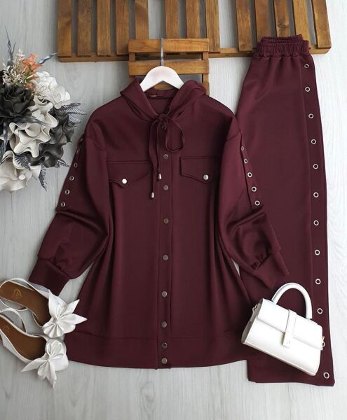 BUHEN KUŞGÖZÜ ŞERİTLİ ÇIT ÇIT DÜĞMELİ İKİLİ TAKIM A4-2-1686-04-BORDO - 1