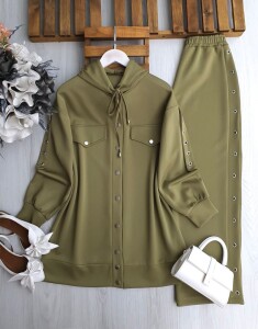 BUHEN KUŞGÖZÜ ŞERİTLİ ÇIT ÇIT DÜĞMELİ İKİLİ TAKIM A4-2-1686-09-HAKİ - 