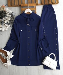 BUHEN KUŞGÖZÜ ŞERİTLİ ÇIT ÇIT DÜĞMELİ İKİLİ TAKIM A4-2-1686-12-LACİVERT - 