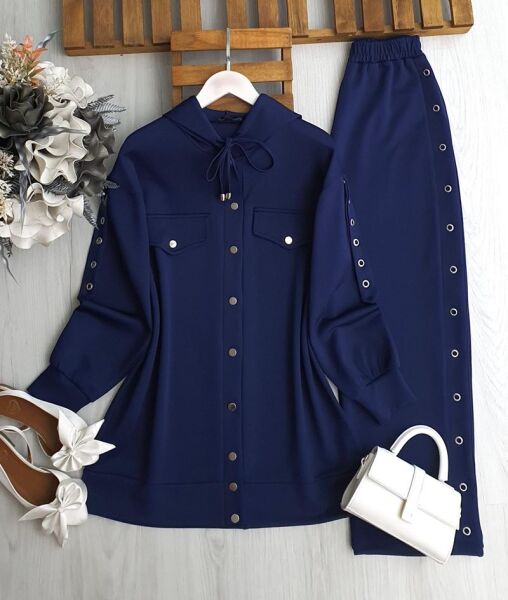 BUHEN KUŞGÖZÜ ŞERİTLİ ÇIT ÇIT DÜĞMELİ İKİLİ TAKIM A4-2-1686-12-LACİVERT - 1