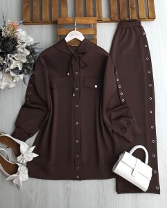 BUHEN KUŞGÖZÜ ŞERİTLİ ÇIT ÇIT DÜĞMELİ İKİLİ TAKIM A4-2-1686-37-KAHVE - 